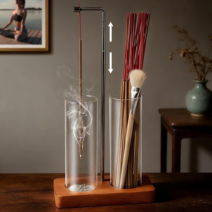 Adjustable Incense Holder for Sticks, 2 in 1 Incense Burner with Glass Ash Catcher, Upside Down Incense Holder with Threaded Lock, Modern for Meditation Yoga Spa Home Decor (Extends 8.7"-13.4")