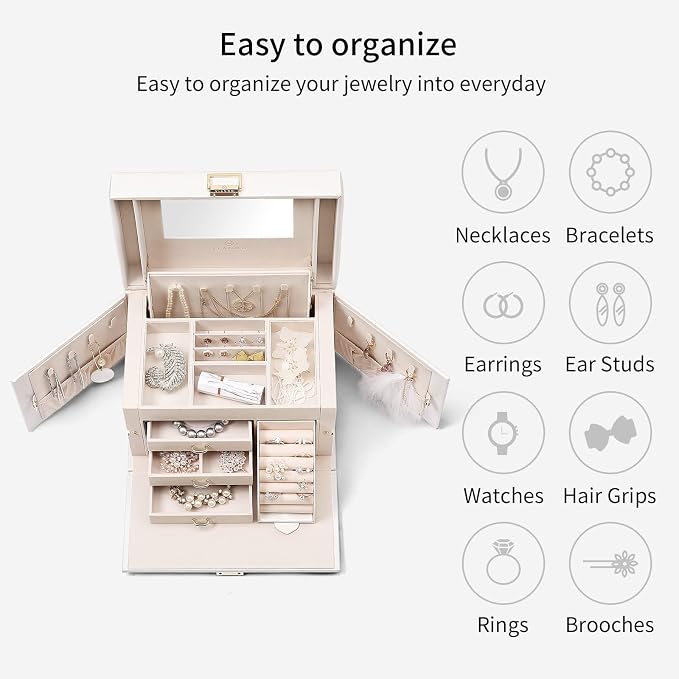 VLANDO Jewelry Box Organizer for Girls Women, Large Vintage Jewelry Storage Box with Mirror, Drawers for Bracelets, Earrings, Rings, Necklaces, Mothers Day Gifts for Loved One, White, Regular