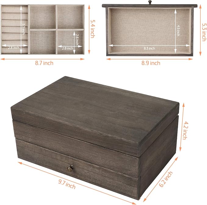 Meangood Jewelry Box Organizer for Women, 2 Layer Large Jewelry Storage Case, Rustic Wooden Jewelry Box with Mirror & Ring Tray for Necklace Earring Bracelets Rings, Vintage Style (Weathered Grey)