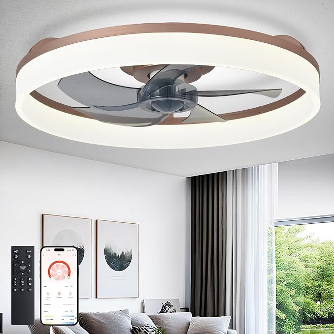 DLLT LED Ceiling Fan with Light: 20" Modern Low Profile Flush Mount Fandelier with App & Remote Control - Dimmable Brown Bladeless Fan Light Fixture for Bedroom Kids Room Living Room