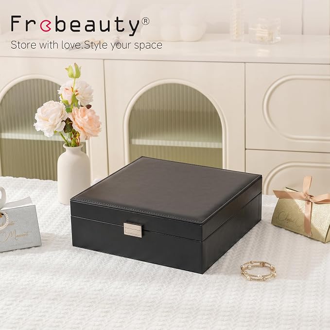 Frebeauty 50 Grid Earring Holder Organizer,2 Layer Jewelry Box for Women | Faux Leather,Velvet Lining,Adjustable Divider,Jewelry Organizer for Ring Necklace and Bracelet,for Home Use and Jewelry Store
