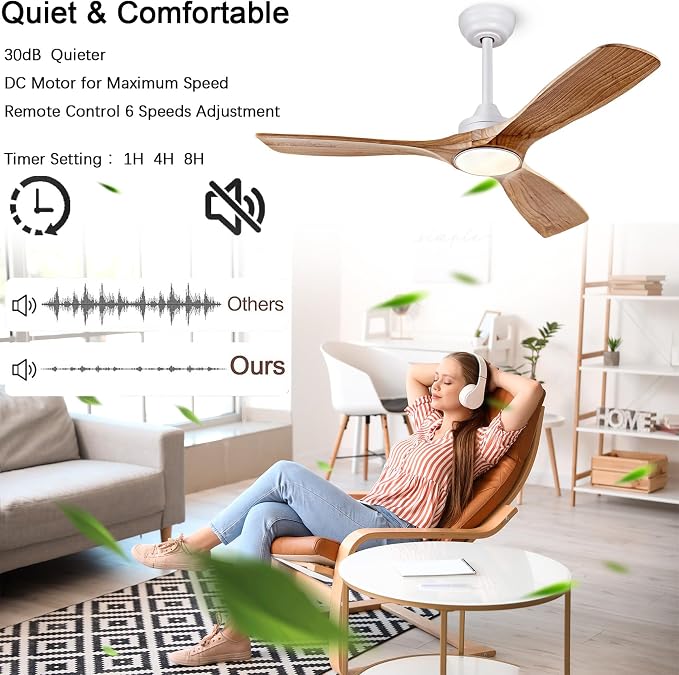 42 Inch Ceiling Fan with Lights, Solid Wood DC Motor Remote & APP Control | solid wood blades, quiet reversible dc motor, remote app control, 3cct dimmable led, indoor outdoor for bedroom patio