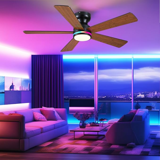 Brown RGB Ceiling Fans with Lights - 46" Flush Mount Ceiling Fan with Remote APP, RGB+3CCT Dimmable Led Light, Reversible 6 Wind Speeds&2H Timer, Low Profile Modern Fan Light Fixture for Bedroom Party