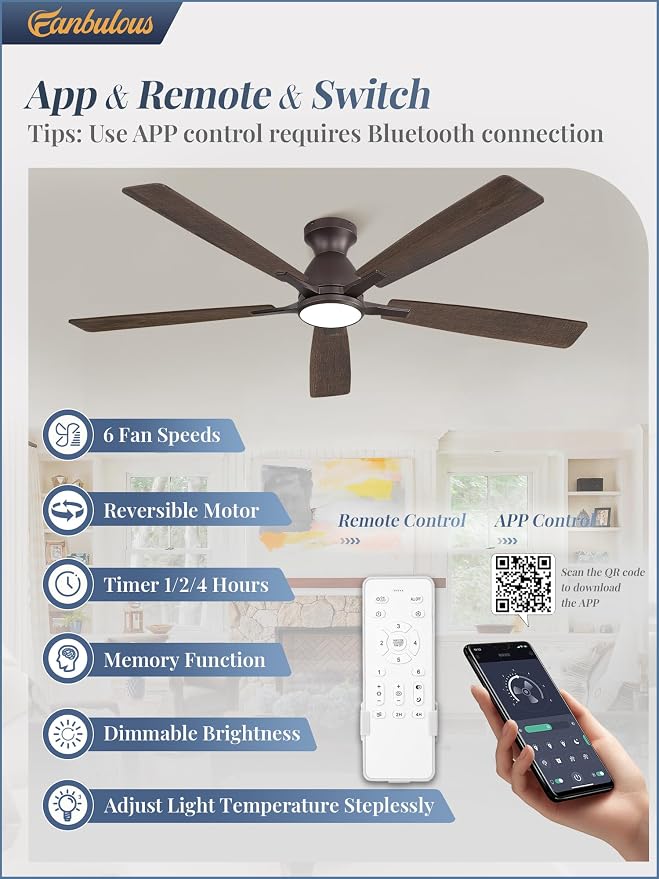 Fanbulous 60" Flush Mount Ceiling Fan with Light, Remote & App, Oil Bronze | 3CCT 20W LED, 6-Speed Quiet Reversible Motor, Modern Low Profile Flush Mount, Ideal for Bedroom/Living Room/Kitchen.