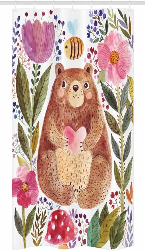 Ambesonne Watercolor Flower Stall Shower Curtain, Bear Flowers and Bee Animal Nature Modern Illustration, Fabric Bathroom Decor Set with Hooks, 36" W x 72" L, Reseda Green Plum Soft Pink