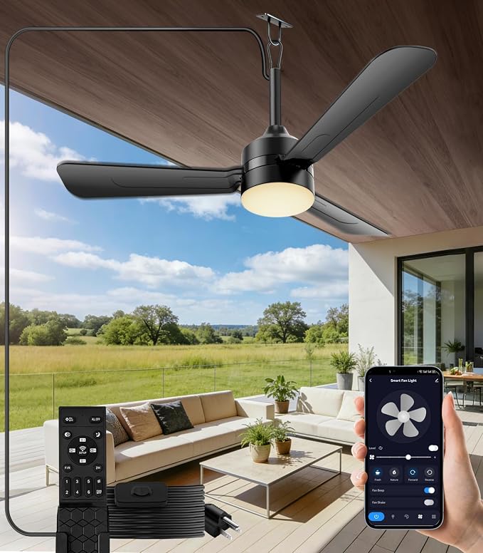 36 inch Plug-in Ceiling Fan Light with Remote Control,gazebo fan light,3 Blade, Dimmable 3CCT LED, Reversible,Portable Hook Design with16ft Cable for Bedroom Garage Tent Porch Kitchen