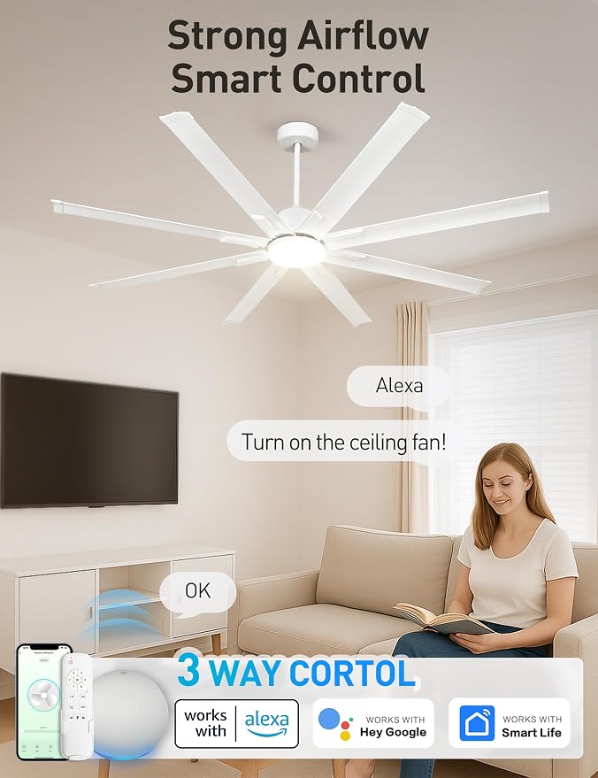 Minislak 72 Inch Ceiling Fan with Light,Industrial Ceiling Fan with 8 White Aluminum Blades,Smart Fan Compatible with Alexa,Garage Outdoor/Indoor Fan for Patio and Living Room