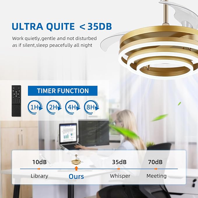 42 Inch Retractable Ceiling Fan with Lights, Fandelier Gold Ceiling Fan with 6 Speeds,3000K-6000K Adjustable,DC Motor,Chandelier Ceiling Fans with Lights and Remote for Bedroom Living Room