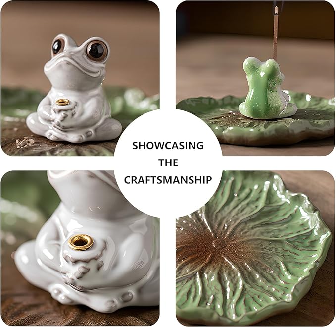 Cute Ceramic Frog Incense Holder with Ash Catcher - Japanese Zen Lotus Design Stick Burner for Meditation, Home Decor & Spiritual Gifts for Women