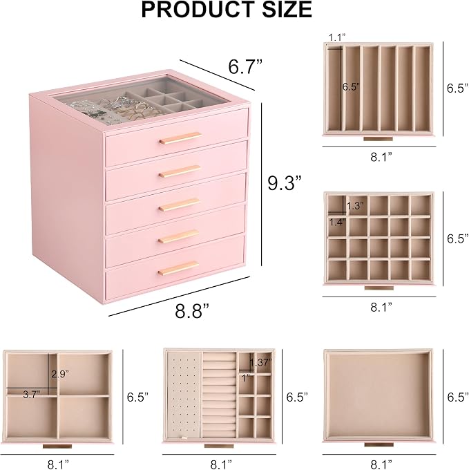 Frebeauty Jewelry Box for Women,Clear Lid Jewelry Organizer with 5 Drawers | Faux Leather,Velvet Lining,5-Layer Large Capacity,Jewelry Storage for Rings Earrings,Dustproof Design,Golden Stylish Handle
