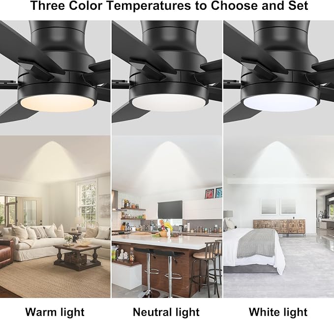 YUHAO 52 Inch Flush Mount Black Ceiling Fan with Light and Remote Control.Noiseless,Dimmable,3CCT,6 Speeds Reversible, Low Profile DC Ceiling Fans for Indoor or Covered Outdoor Use,ETL Listed
