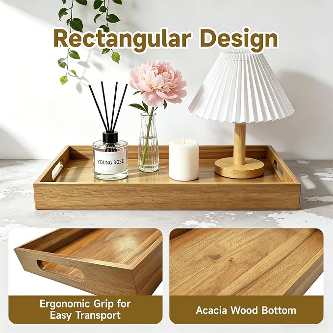 17 x 12 Inch Acacia Wood Large Serving Tray with Handles | Large Wood Tray for Drinks, Food, Ottoman & Breakfast in Bed, Leather Mat Included
