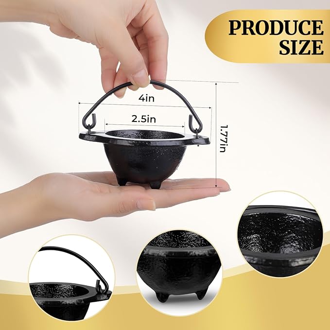 Sawysine 4 Pcs Mini Cast Iron Cauldron with Handle Cast Iron Incense Burner Small Retro Cauldron Bowl Burning Smudging Bowl Inside Diameter for Smudging Incense Burning Decoration (2.5 Inch)
