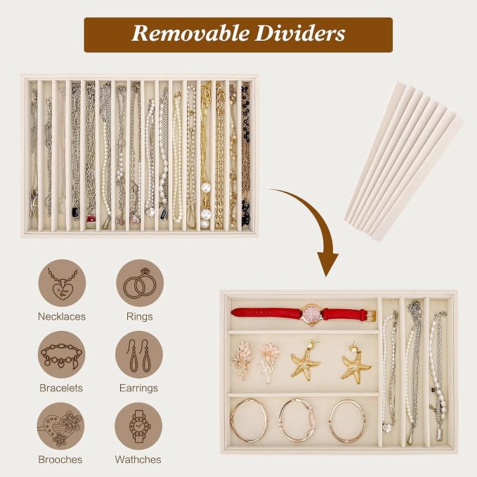 Large Velvet Jewelry Tray 2 Pack, Stackable Jewelry Display Drawer Inserts Trays, 16 Grids Jewelry Organizer for Earrings, Bracelets, Necklaces, Rings, Beige