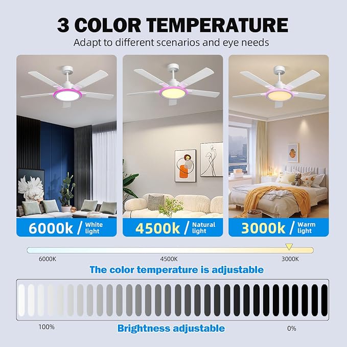 52" Ceiling Fans with Lights,Bluetooth Ceiling Fan with Speaker,6-Speed Reversible Motor,Full-Spectrum Adjustable Lighting,Edge Ambient Lights,Low Profile Ceiling Fan with Light and Remote/App Control