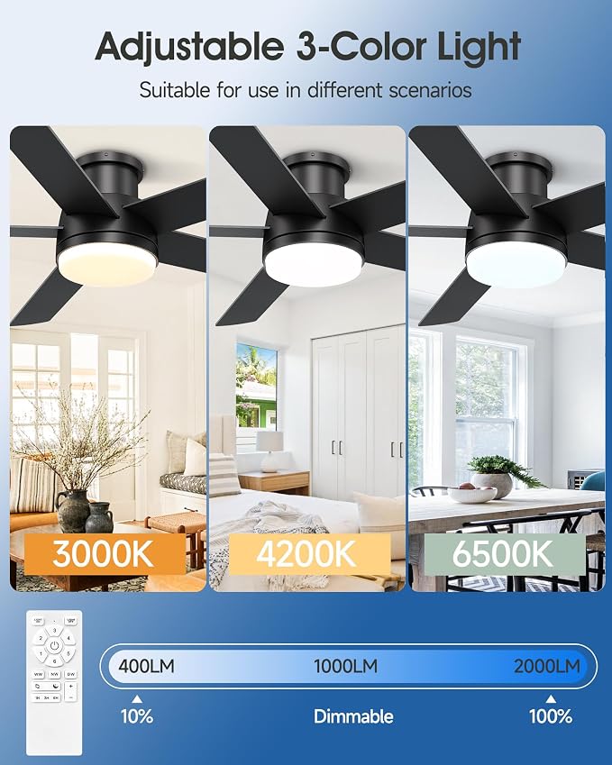 52 Inch Flush Mount Black Ceiling Fan with Light and Remote | 6-Speed Quiet Reversible DC Motor, Dimmable 3CCT LED, 3 Timing Settings, 5-Blade Modern Design, Indoor or Covered Outdoor Use