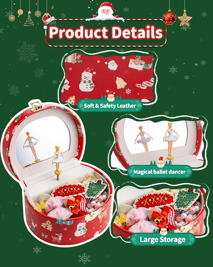 VLANDO Gifts for Girl, Musical Jewelry Box for Girls, Small Kid Music Box with Ballerina for Party Bedroom Decor, Gifts for Girls Kids - Christmas Red