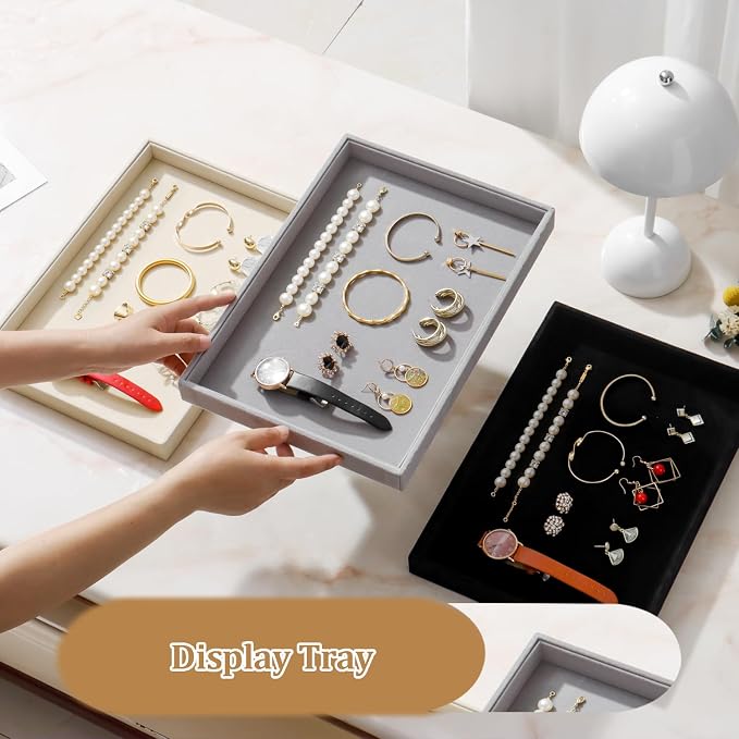 Large Velvet Jewelry Tray 2 Pack Stackable Jewelry Display Drawer Inserts Trays Organizer for Earring Bracelet Necklace Ring (Gray, 1 Grid)