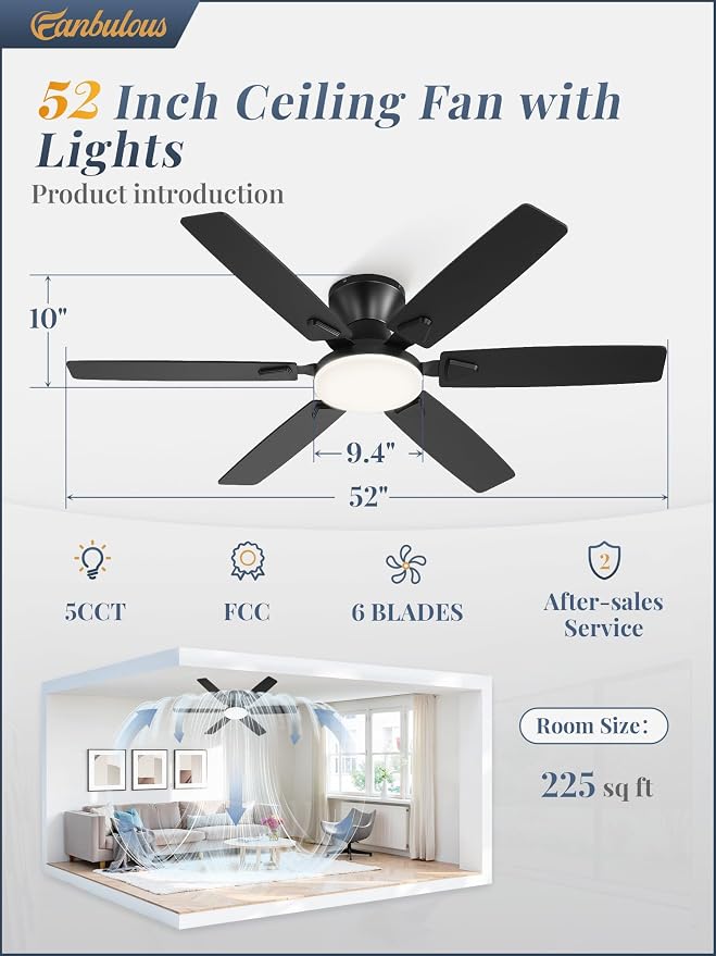 Fanbulous Ceiling Fans with Lights, 52 Inch 6-Blade, Smart APP & Remote Control, Dimmable 5CCT LED with Smart Memory, DC Motor Quiet for Bedroom Living Room, Damp Rated for Outdoor Covered Patio
