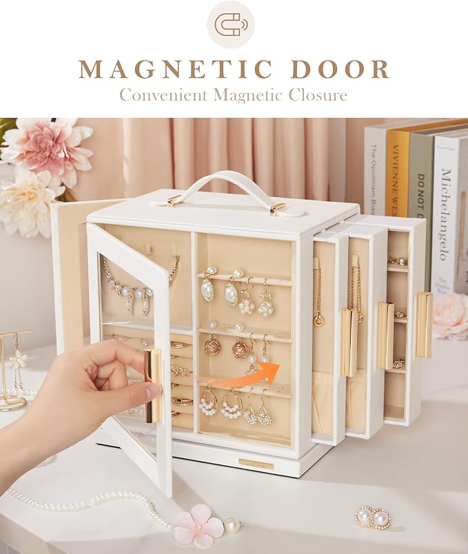 Homde Rotating Jewelry Box for Women: 7-Drawer Organizer with Clear Window | 4-Side Access Sorts Daily Jewelry - Jewelry Lovers Find Favorites Fast on Vanities - Display for Earring Ring Necklace
