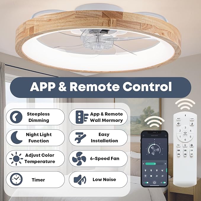 Fszdorj 20'' Ceiling Fan with Light and Remote, Low Profile Ceiling Fan with Light, Dimmable Flush Mount Ceiling Fan Light, 6 Speeds Fan, App&Remote Control, Fandelier Quiet Fan for Bedroom F126