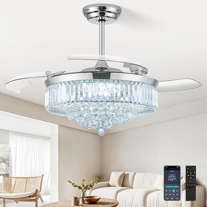 52 Inch Fandelier Ceiling Fan with Light, Chandelier Ceiling Fan for Bedroom Living Room, 3 Color Temperature, 6 Wind Speed. Reversible Motor, Memory Function-Chrome