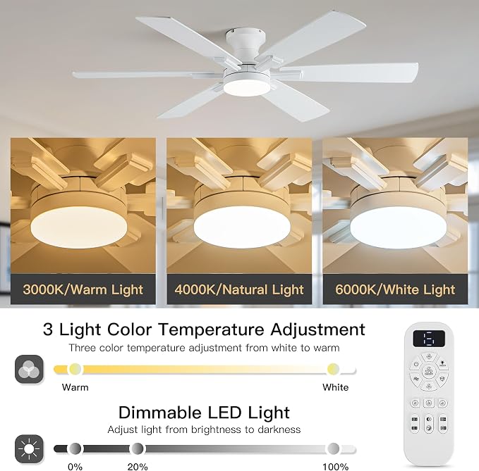 OURSTAR Ceiling Fans with Lights and Remote Control, White Low Profile Ceiling Fan with Light 3-Color LED Dimmable, Memory for Lighting and Fan Reversible, 6-Speed, Timer, Indoor/Outdoor Use, 52 Inch