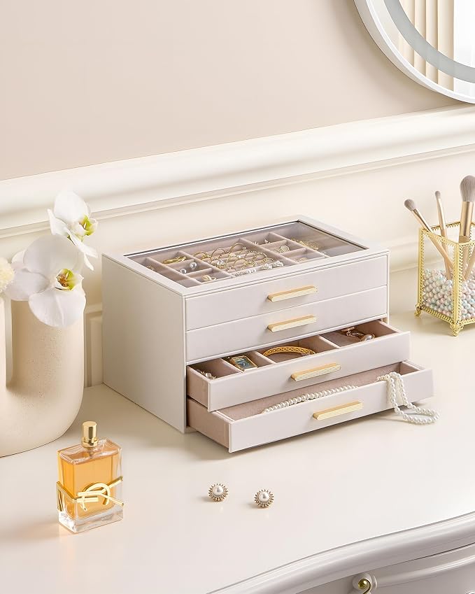 Lolalet Jewelry Box Organizer, 4-Layer Jewelry Organizers and Storage Case with Glass Lid, Ring Earring Bracelet Necklace Holder Organizer, Birthday Valentine Gifts for Women Girls -4Layer, Beige