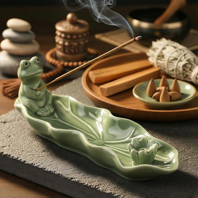 Frog Incense Holder for Sticks, Handmade Ceramic Holder for Burning Sage Sticks, Palo Santo, Cone and Backflow, Incense Burner for Meditation Room Home Decor, Frog Spiritual Gifts for Women