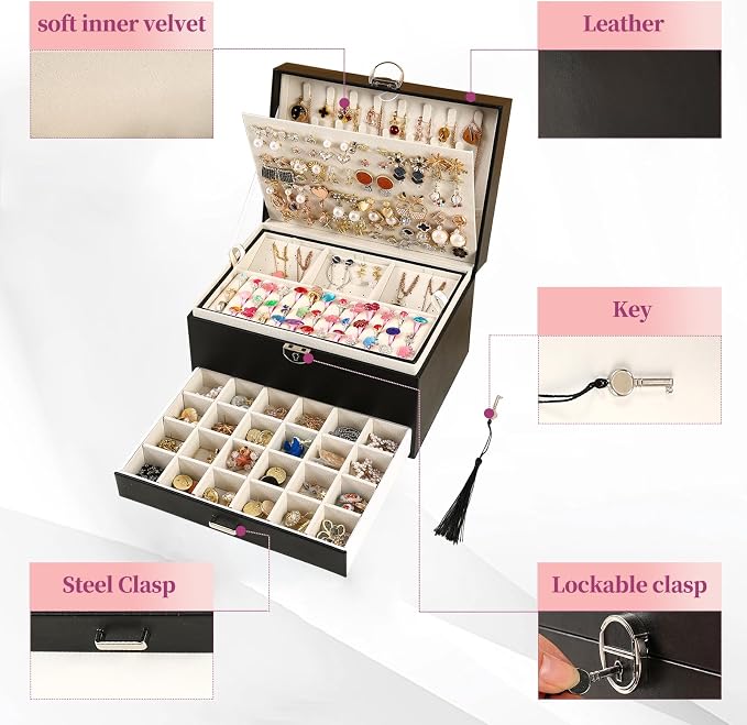 BOOVO Large Jewelry Boxes For Women (Black) | 5 Layers Jewelry Organizer Box With Cosmetic Storage Drawer, Necklace Ring Jewelry Organizer Box