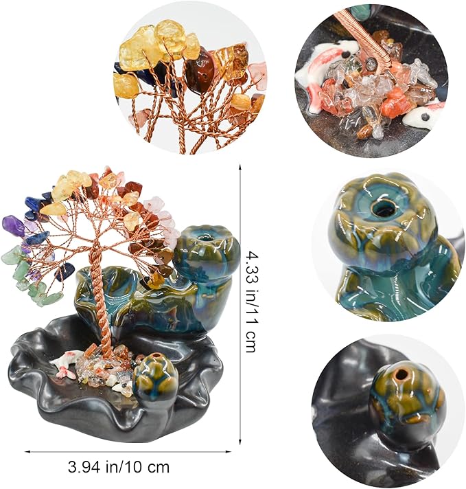 Backflow Incense Burner, Ceramic Incense Waterfall Burner with 7 Chakras Healing Crystals Tree Fountain Incense Holders for Yoga Meditation Home Decor