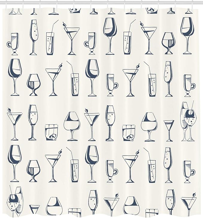 Ambesonne Drink Shower Curtain, Repeating Pattern with Hand Drawn Alcohol Beverages and Cocktails Glasses, Cloth Fabric Bathroom Decor Set with Hooks, 69" W x 70" L, Dark Violet Off White