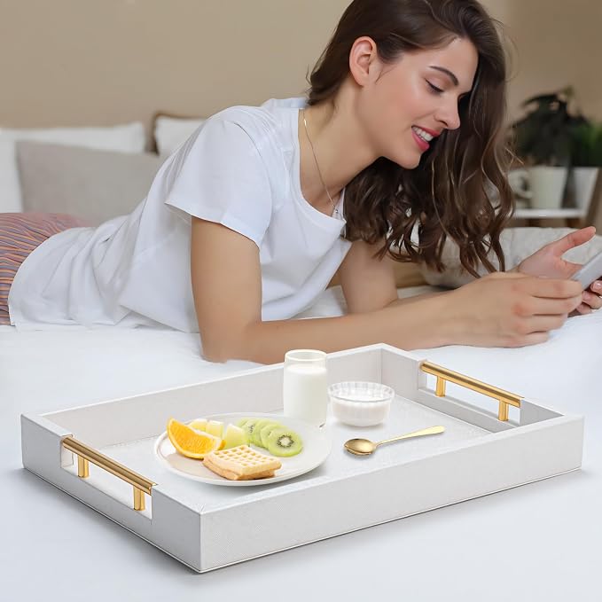 White Decorative Ottoman Tray, Large Modern Coffee Table Drink Organizer for Home
