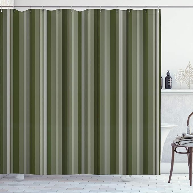 Ambesonne Stripes Shower Curtain, Abstract Ocean Inspired Palette Lines Geometrical Image Illustration, Cloth Fabric Bathroom Decor Set with Hooks, 84" Long Extra, Olive Green