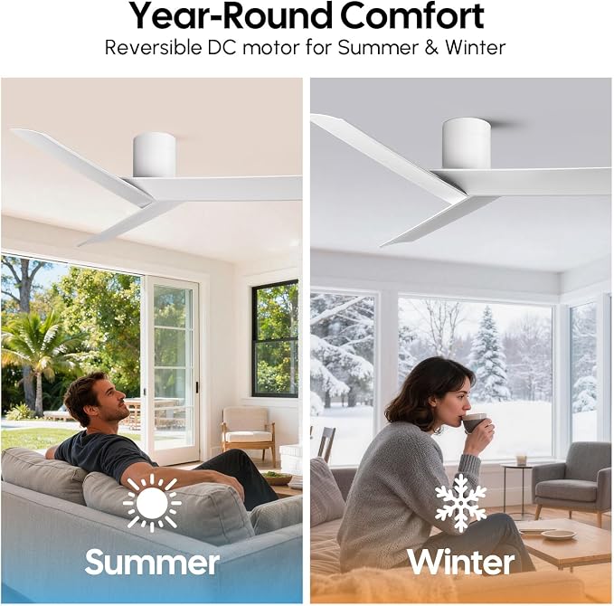Modern Flush Mount Ceiling Fan No Light, 55" Matte White Low Profile Ceiling Fan Without Light, 3 ABS Blades, 6 Speed, Reversible DC Motor, Cool Hugger Fan for Kitchen, Bedroom, Living Room