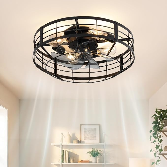 20 In Farmhouse Caged Ceiling Fan with Light and Remote, Bladeless Flush Mount Fan Lights Ceiling Fixtures, Need Assembly, 6 Speeds Reversible Motor Indooor Lights for House Kitchen, Bedroom, Black