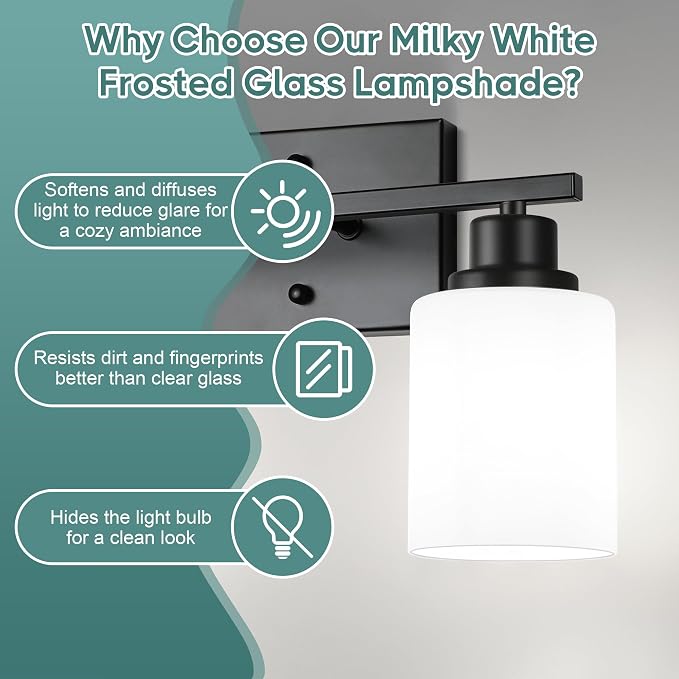 Ascher Bathroom Light Fixtures, 2-Light Vanity Light Over Mirror, Matte Black Wall Sconces with Milky White Frosted Glass Shades, Wall Lamp for Living Room Bedroom, E26 Base(Bulbs Not Included)