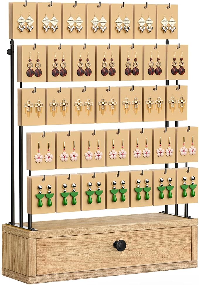 ORLESS 5-Tier Jewelry Display for Vendors, Earring Holder Organizer with Storage Drawer Box, Necklace Display Holder for Selling, Earring Cards Organizer for Bracelets, Rings, Natural Wood(35 Hooks)