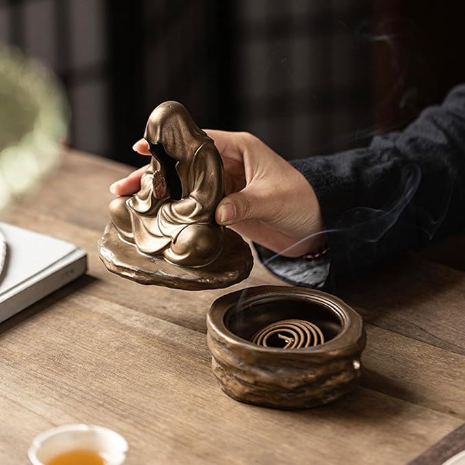 Ceramic Incense Holder for Cone and Coil - Incense Burner Holder Zen Decor with Buddha Statue Design Protection from Evil - 4.72" L X 3.78" W X 6.18" H (Gold)