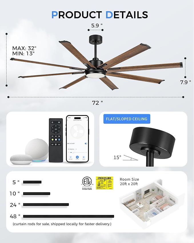 72 Inch Ceiling Fan with Light, Industrial Design with 8 Aluminum Blades, Smart Control Compatible with Alexa, Indoor Outdoor Garage Fan for Living Room Patio, Model ZCCF04WD-72