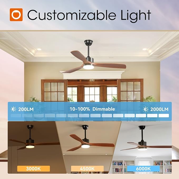 addlon 52 inch Ceiling Fans with Lights and Remote Control, Reversible, 3 Wood Blades, 6 Speeds, 3CCT Dimmable, Noiseless, Indoor/Outdoor Black Walnut Ceiling Fan for Bedroom Living Room Gazebo Patio