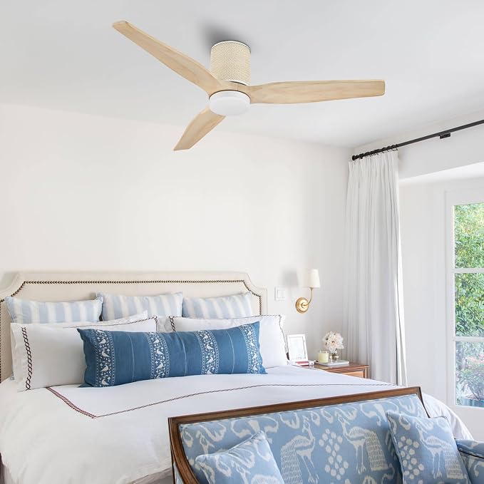 LEDLUX 52" Ceiling Fan with Light - Low Profile Flush Mount Ceiling Fan, 6-Speed Remote Control, Solid Wood, Quiet Reversible DC Motor, Boho Style, for Bedroom, Living Room, Porch, Light Oak/White