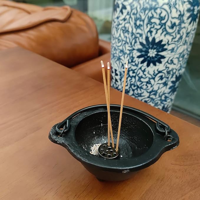 Cast Iron Incense Burner with Travelling Case, 3 Inch Cauldron with Handle and Stick Holder for Smudging, Ritual, Candle, Vintage Home Decor