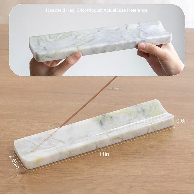 Marble Incense Holder Burner-Natural Stone Stick Incense Tray with Ash Catcher，20 Sticks & Brush - Elegant Decor for Meditation, Yoga, Home,Gift(White Green)