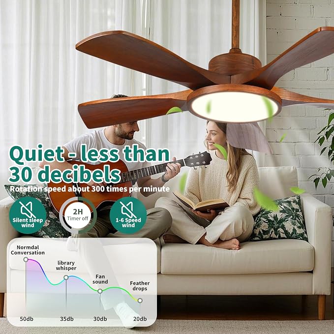 52 Inch Wood Ceiling Fan with Lights and Remote Control 5 Solid Wooden Blades Modern Farmhouse Outdoor Ceiling Fan for Patios Living Room FCC Reversible DC Motor