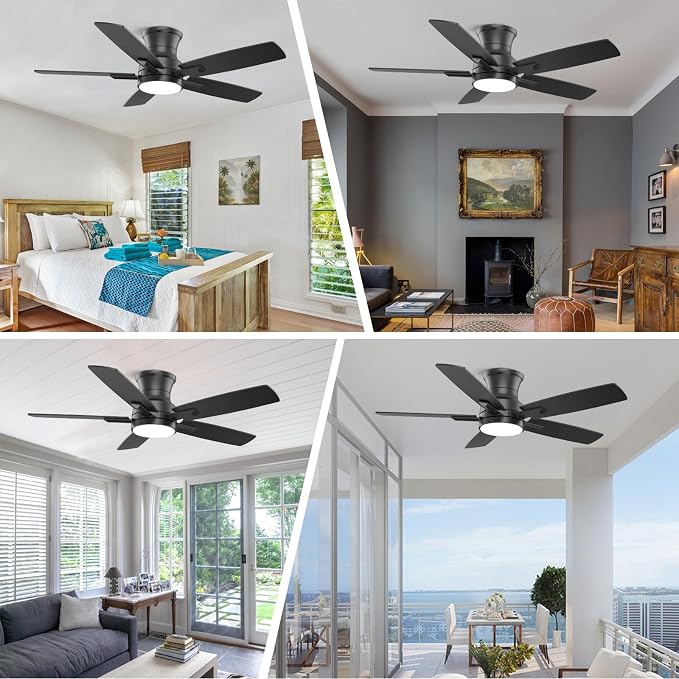 YUHAO 42 Inch Flush Mount Black Ceiling Fan with Light and Remote Control.Noiseless,Dimmable,3CCT,6 Speeds Reversible, Low Profile DC Ceiling Fans for Indoor or Covered Outdoor Use,ETL Listed