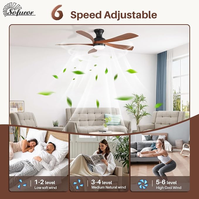 Sofucor 52 Inch Low Profile Ceiling Fan with Light, Flush Mount Outdoor Ceiling Fan with Remote for Farmhouse Bedroom Living Room Patio, Dimmable LED High Airflow Quiet Reversible DC Motor