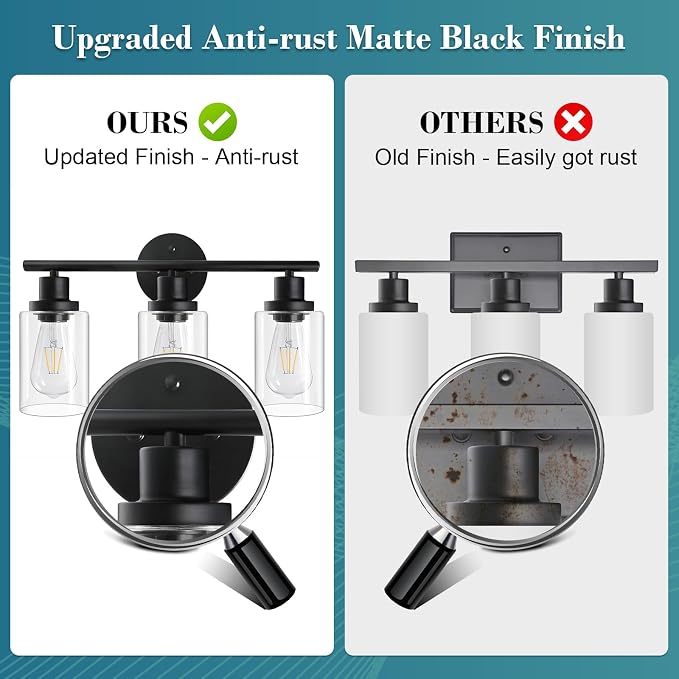 Unicozin 2 Pack Modern Bathroom Light Fixtures, 3 Light Vanity Lights, Black Wall Lamp with Clear Glass for Bathroom, Mirror, Living Room, Bedroom, Hallway, E26 Base