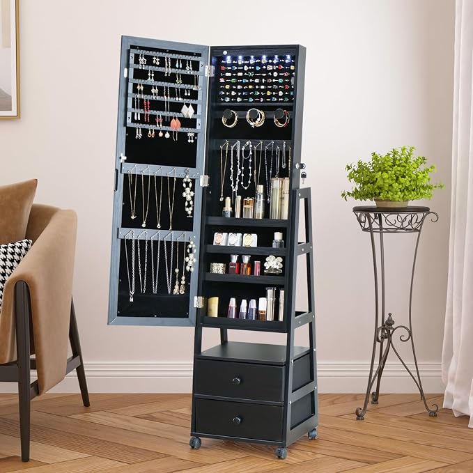 Jewelry Armoire Cabinet Organizer Standing with 20 LED Lights Lockable Full Length Mirror with Storage Shelves and 2 Drawers (Black) Adjustable Tilt Angles Gift for Her