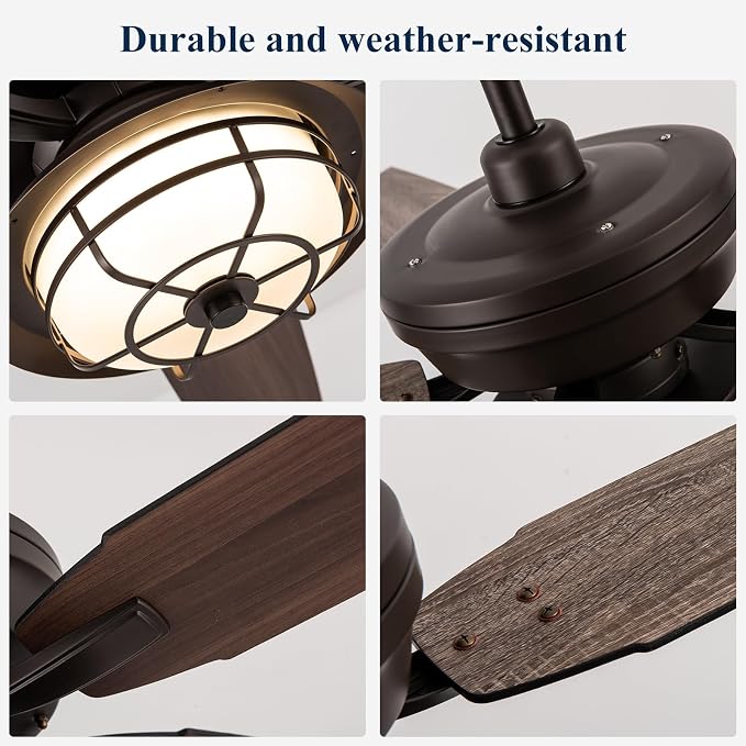 NORFOLK Outdoor Ceiling Fans with Lights and Remote, Waterproof 52 Inch Ceiling Fan with 3 Color LED Light for Patios, Gazebos, and Indoor, Wet Rated Farmhouse Modern Style